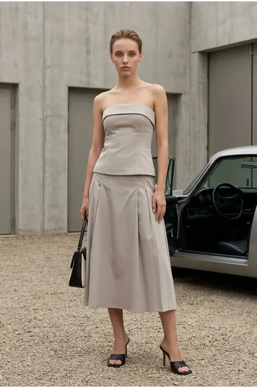 MY FASHION Strapless Blouse and High-Waist Midi Skirt Set