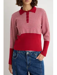 Wardrobe Essentials Red*001 Striped Polo Neck Fitted/Blouseable Knitwear Sweater - 2