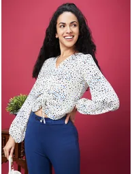 Printed V-Neck Ruched Detail Crop Top