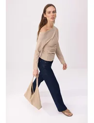 Stone Shirring/Drape Detailed Draped Asymmetric Collar Knitted Blouse - 7