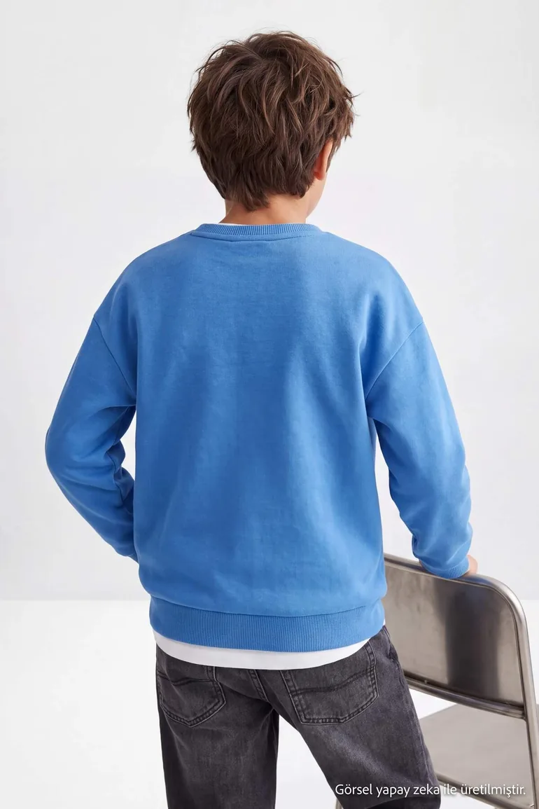 Blue Boy's Thick Fleece Lined Knitted Sweatshirt - 1