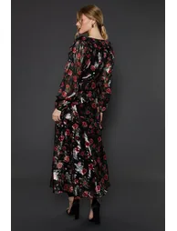 Black Floral Ruffle Long Sleeve Chiffon Metallic Midi Dress - 2