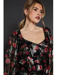 Black Floral Ruffle Long Sleeve Chiffon Metallic Midi Dress - 1
