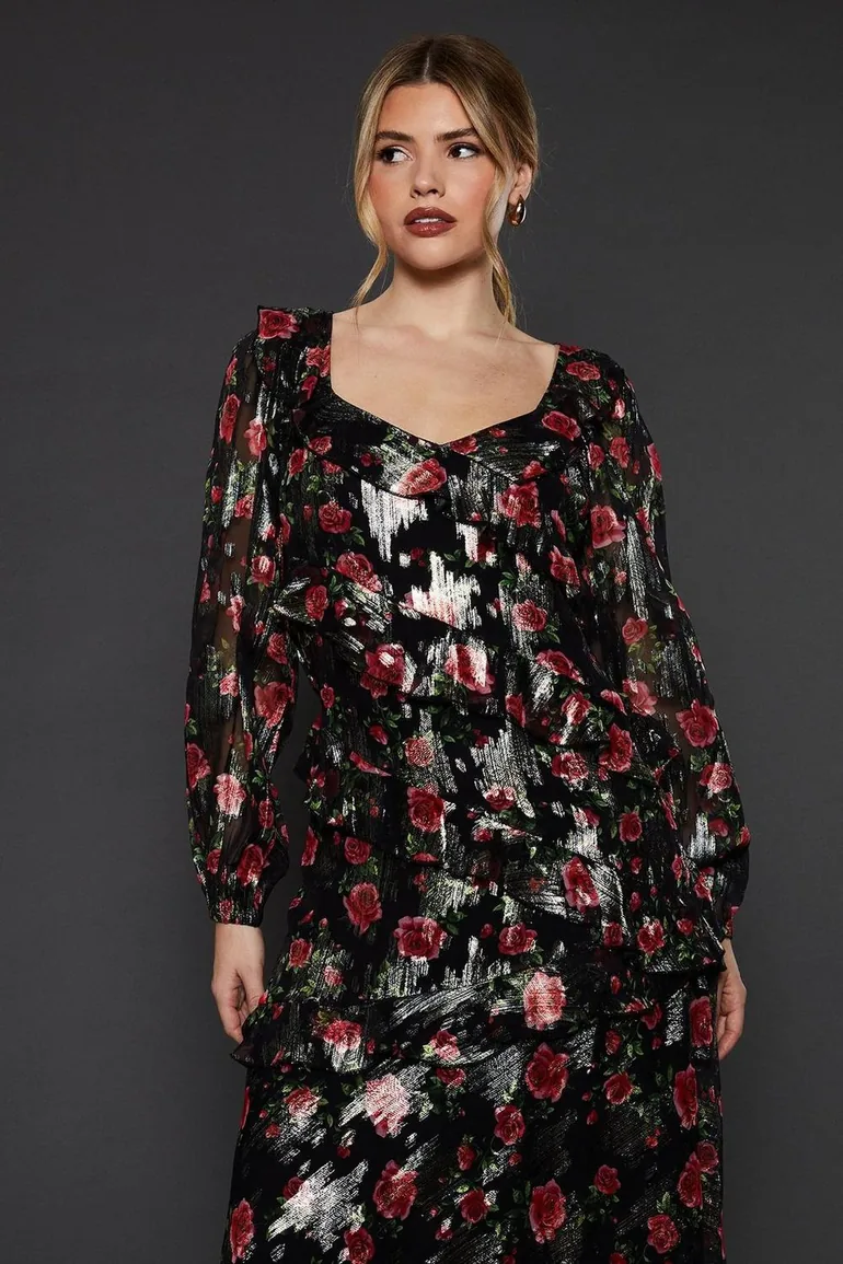 Black Floral Ruffle Long Sleeve Chiffon Metallic Midi Dress - 3
