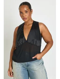Plus Satin Bust V Plunge Floaty Top - black - 1