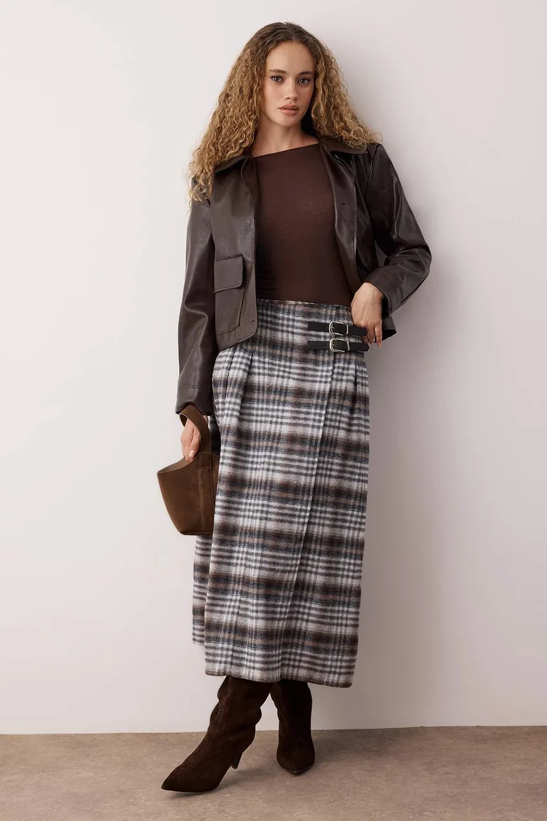 Multicolored Unlined Plaid/Checked Woven Double Belted Plaid Patterned Hijab Skirt
