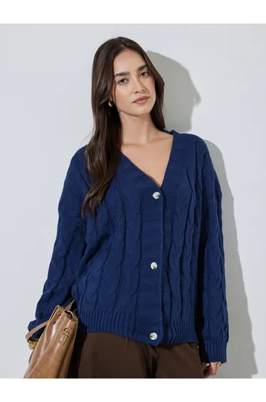 Navy Bule Solid Cable Knit Cardigan
