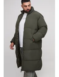 Plus Oversized Crinkle Nylon Funnel Neck Longline Puffer Jacket - dark olive - 1