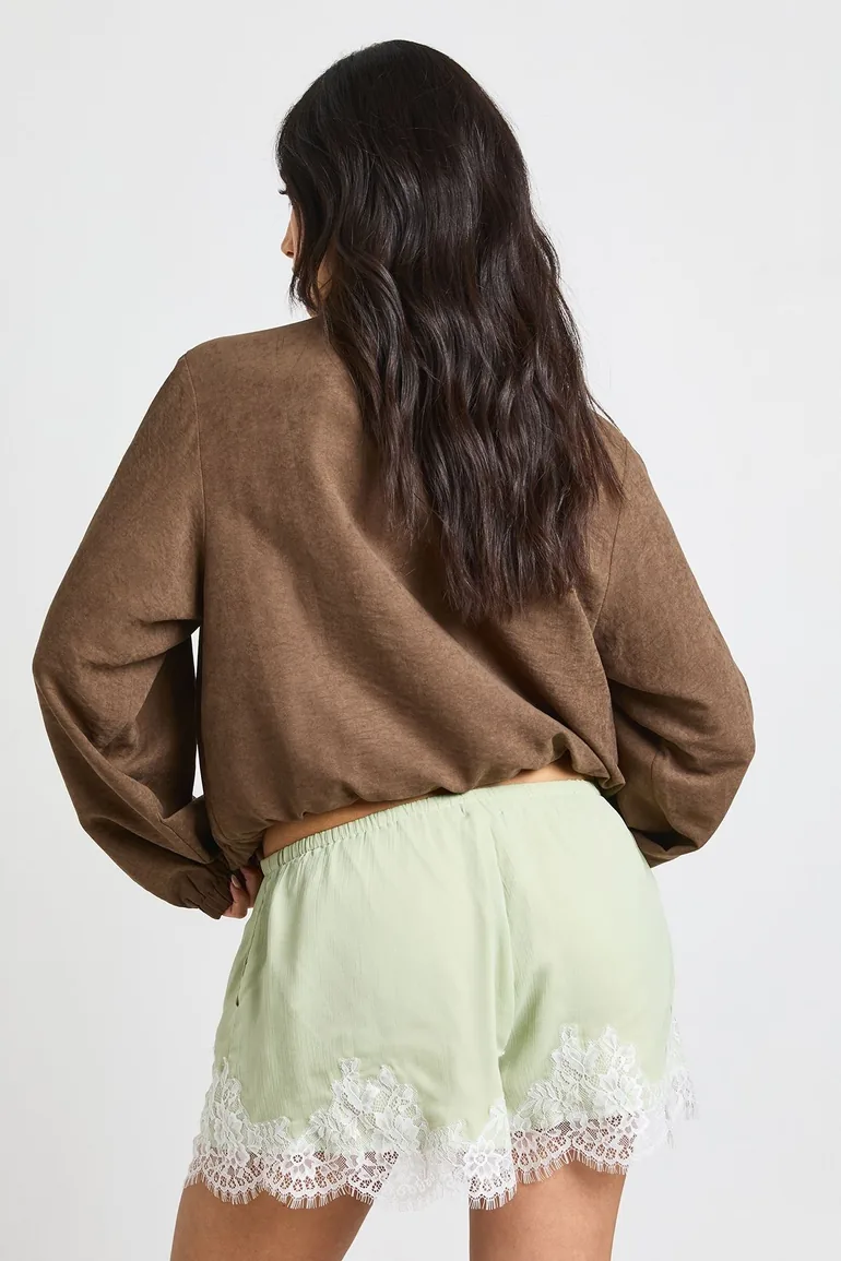 Lace Trim Chiffon Shorts - pistachio - 1