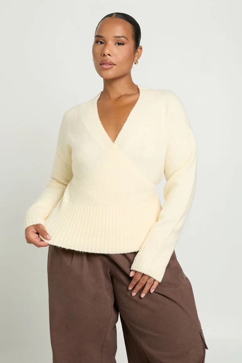 Plus Wrap Detail Cinched Waist Jumper - cream - 3