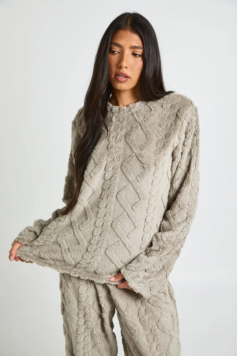 Tall Cable Fleece Jumper & Trousers Pyjama Set - grey - 3