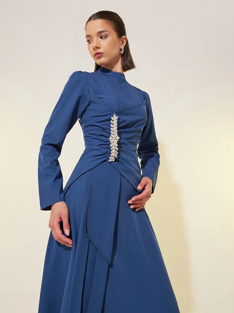 Solid Long Sleeves A-Line Midi Dress with Embellished Detail - 3