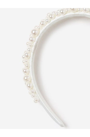 Self Portrait Girls Satin Pearl Embellished Headband in White product thumbnail 4