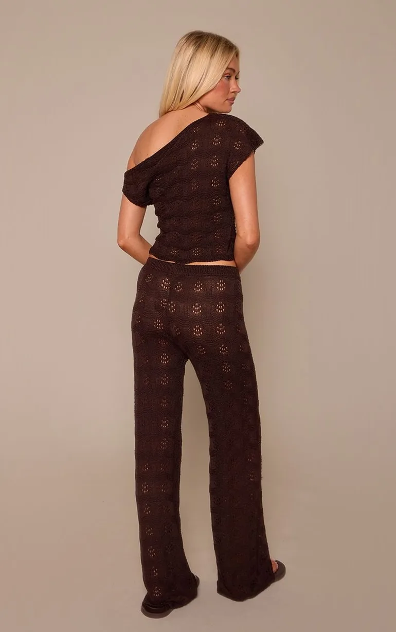 Chocolate Wave Crochet Knit Wide Leg Trousers - 2