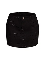 Black Mid Rise Hotfix Micro Mini Denim Skirt - 5
