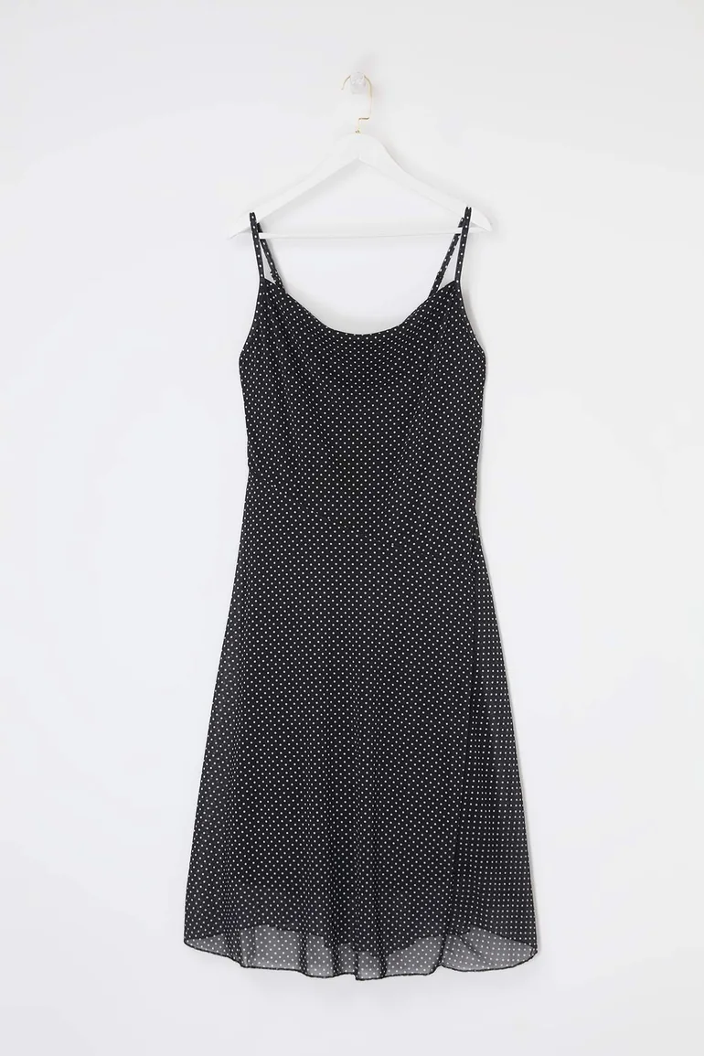 Black Polka Dot Patterned Degaje Collar Long Tulle Strap Plus Size Dress - 3