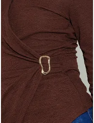Brown Wrap Front Textured Knit Top - 2