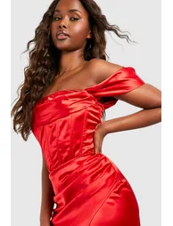 Satin Corset Off Shoulder Midi Dress - red - 3