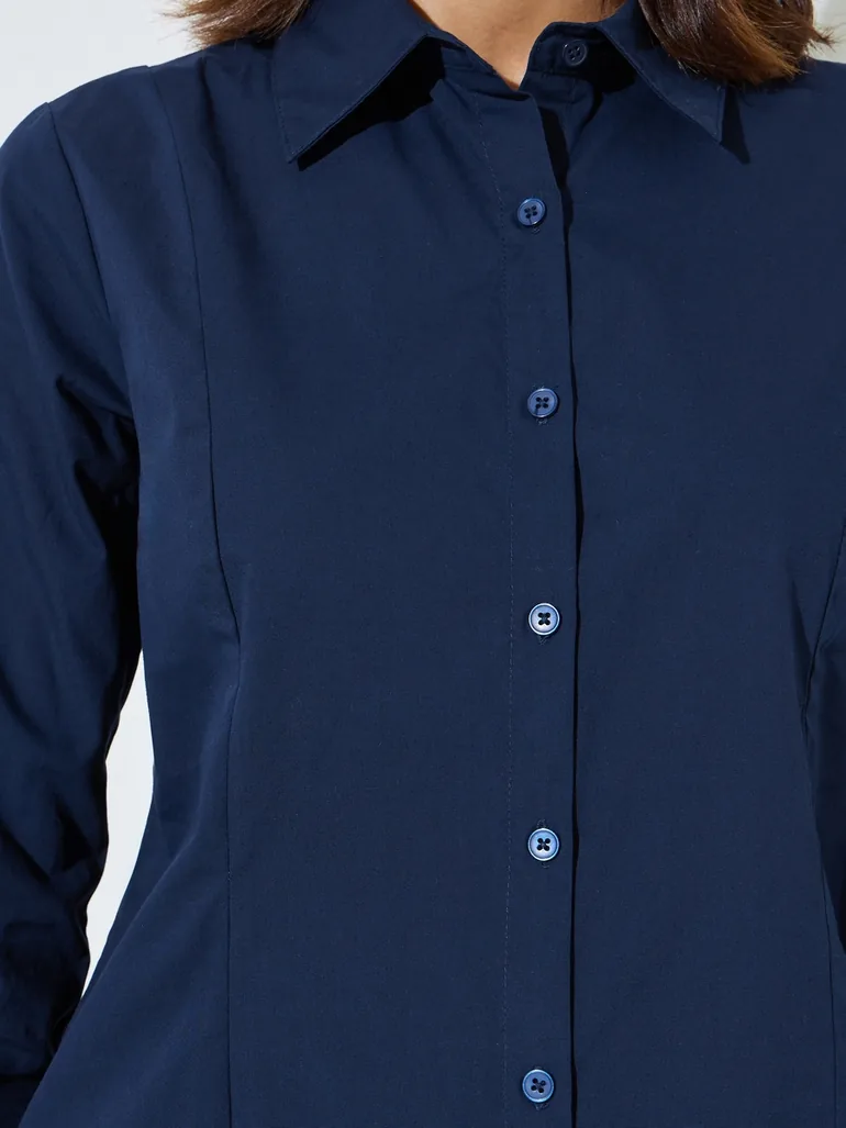 Navy Blue Solid Cotton Slim Fit Shirt - 3
