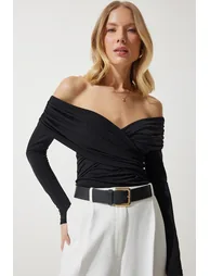 Women's Black Gathered Open Shoulder Sandy Knitted Blouse - 1