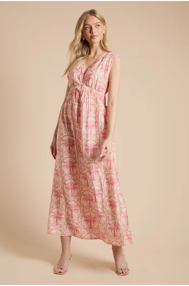 Palm Printed Side Tie V Neck Maxi Dress