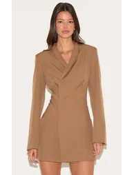 Mushroom Woven Collarless Blazer Dress - 1