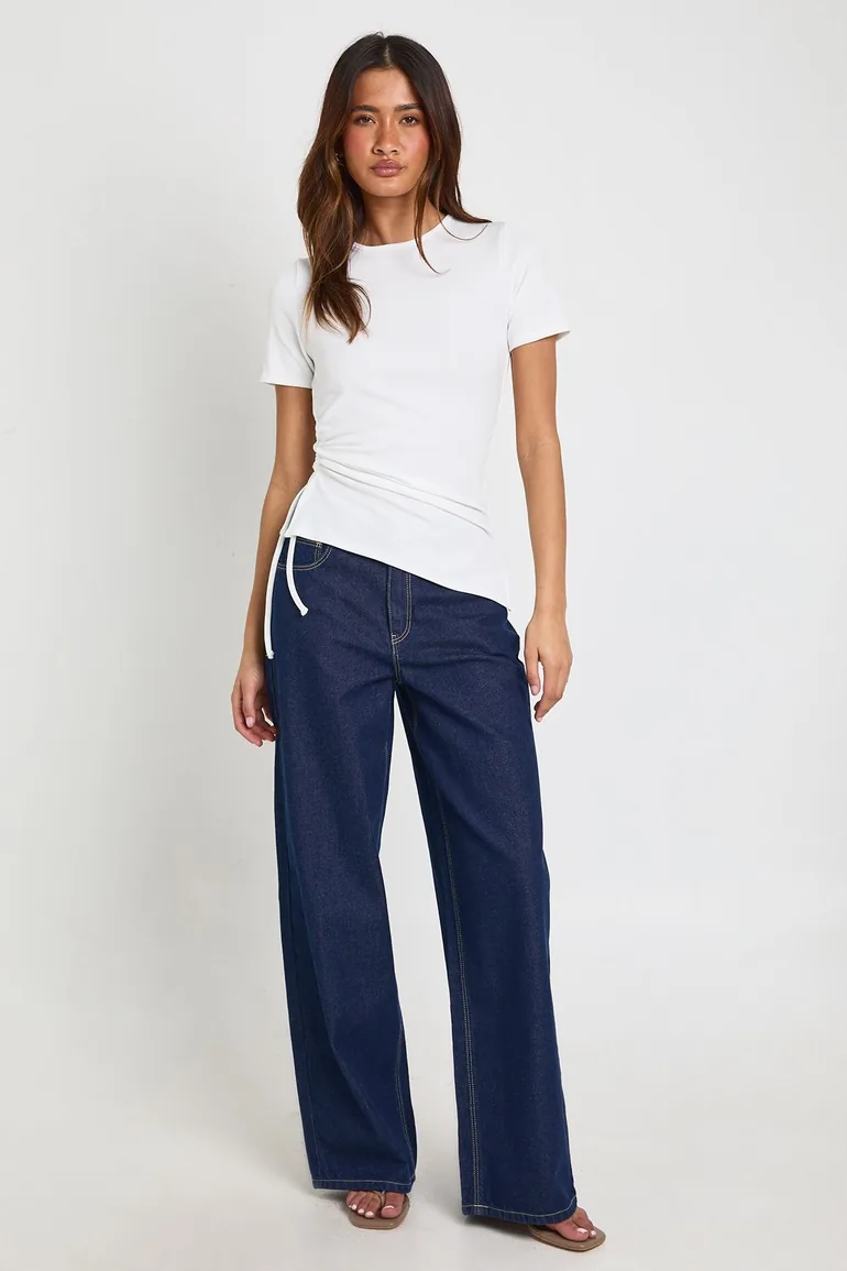 Ribbed Ruched Side T-Shirt - white
