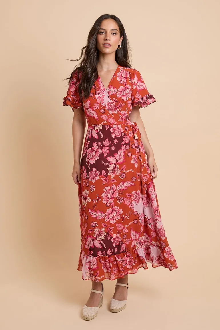 DP Luxe Double Flutter Sleeve Wrap Midi Dress