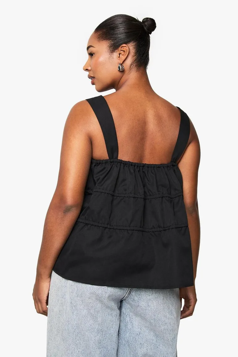 Plus Wide Strap Tie Front Smock Top - black - 2
