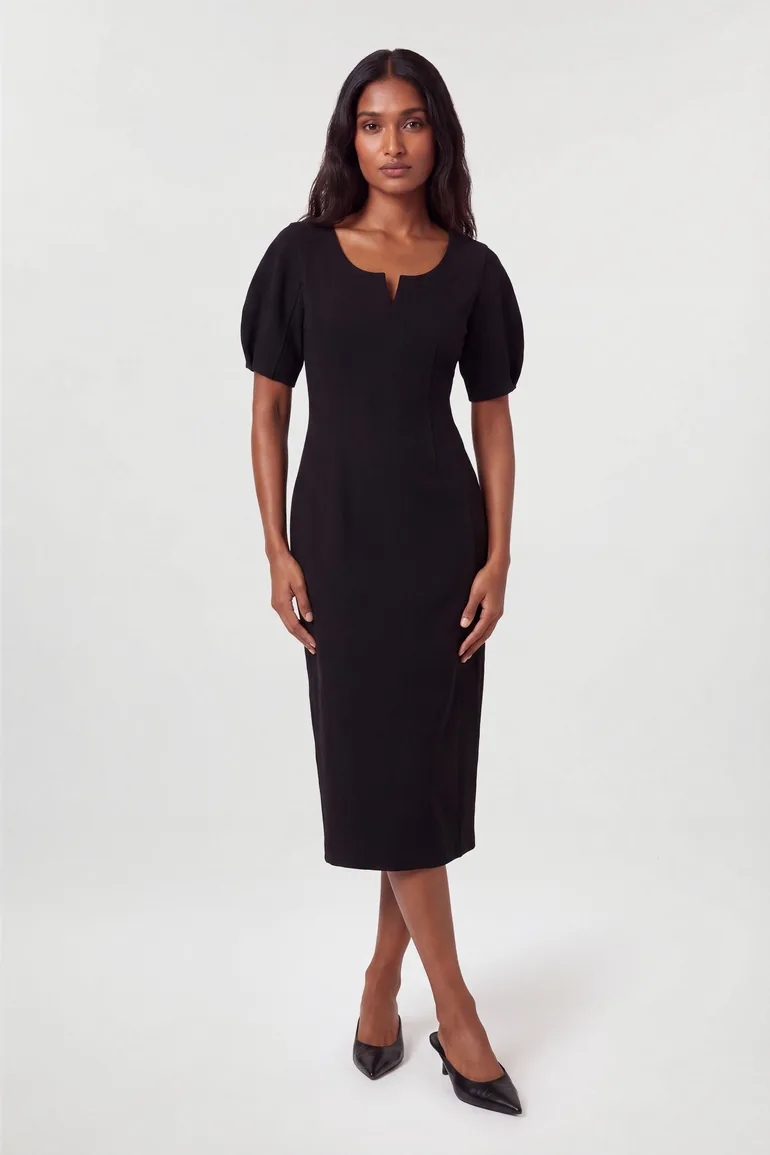 Textured Tailored Rounded Sleeve Pencil Midi Dress