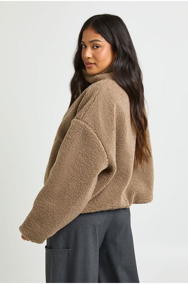 Petite Funnel Neck Teddy Jacket - mushroom product thumbnail 3