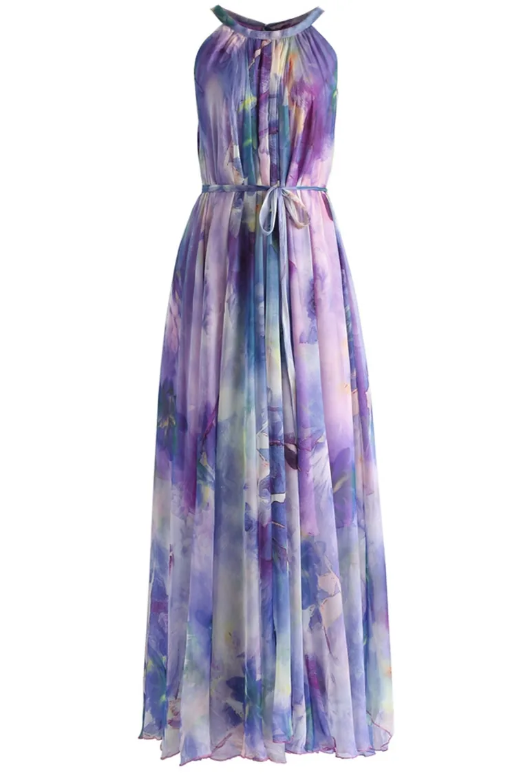 Floral Watercolor Maxi Slip Dress in Violet - 8