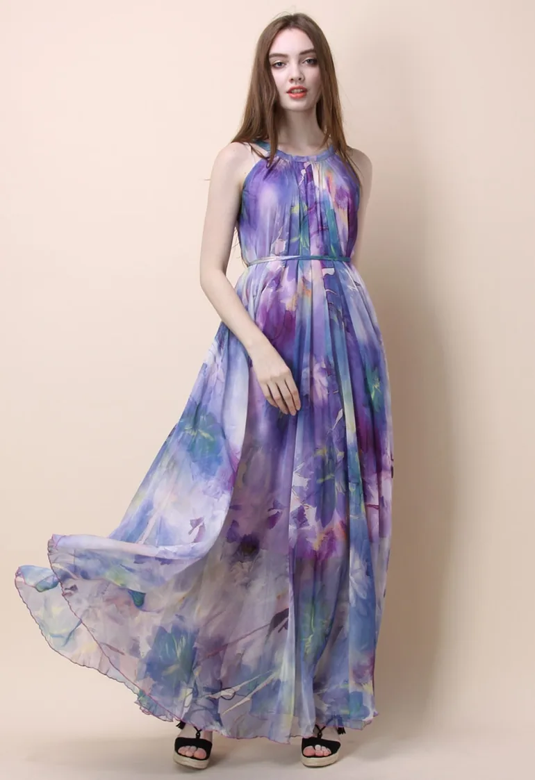 Floral Watercolor Maxi Slip Dress in Violet - 2
