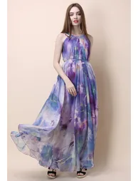 Floral Watercolor Maxi Slip Dress in Violet - 2