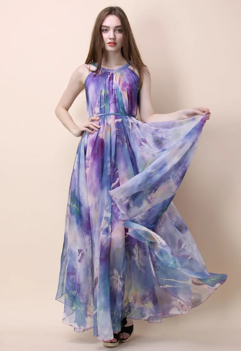 Floral Watercolor Maxi Slip Dress in Violet - 3