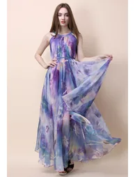Floral Watercolor Maxi Slip Dress in Violet - 3