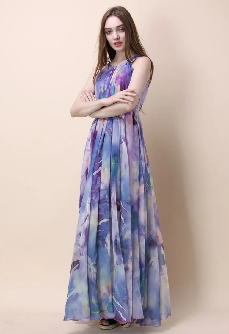 Floral Watercolor Maxi Slip Dress in Violet - 4