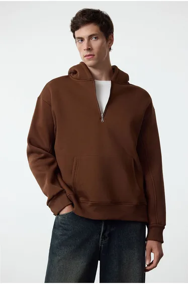 Brown Oversize/Wide Cut Zippered Hooded