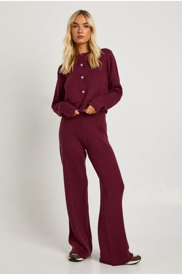 Pocket Detail Crew Neck Knitted Cardigan and Wide Leg Trouser
