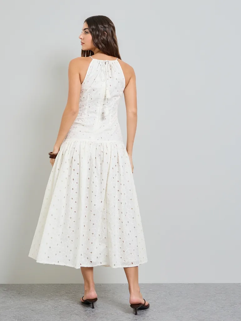Off White Embroidered A-Line Midi Dress - 4