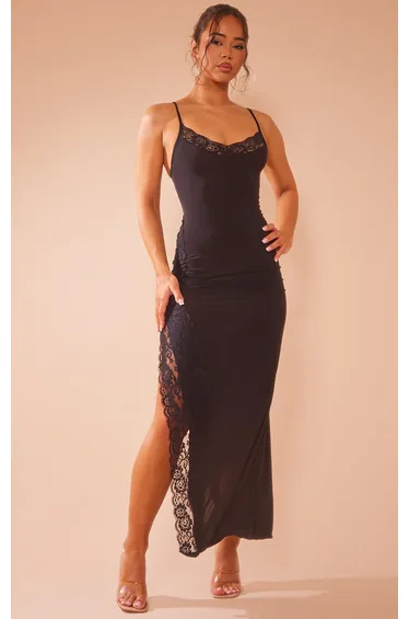 Black Slinky Lace Trim Split Detail Maxi Dress