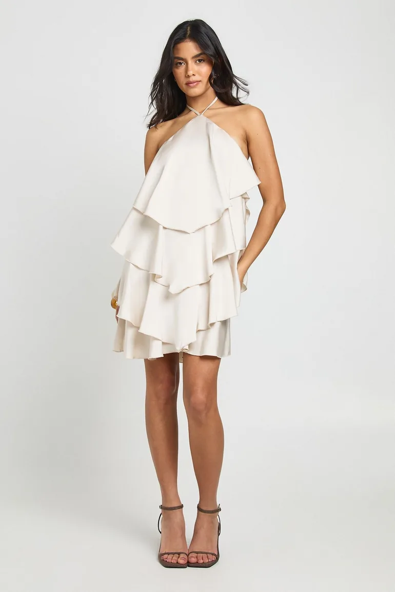 Satin Halterneck Ruffle Mini Dress - oyster - 2