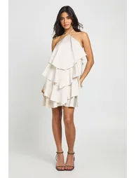 Satin Halterneck Ruffle Mini Dress - oyster - 2