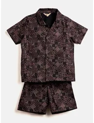 Boys Brown Printed Rayon Shirt and Shorts Set