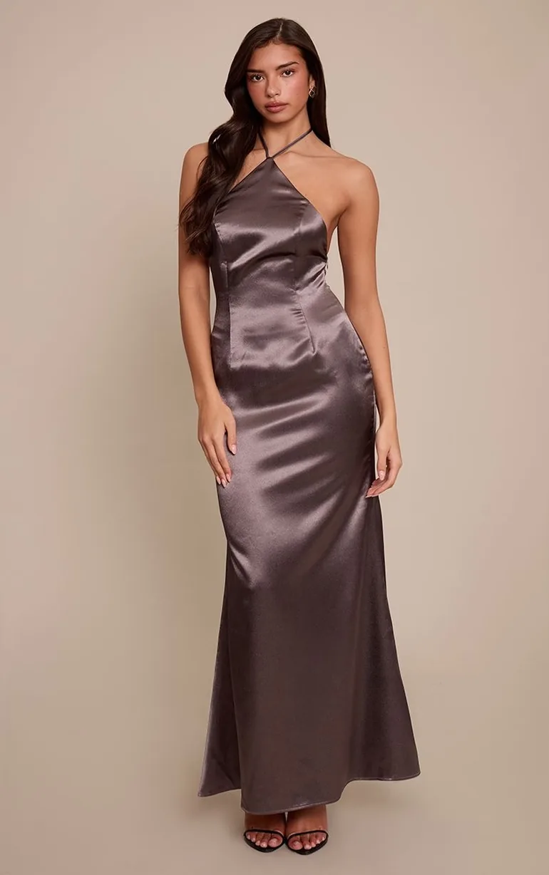 Charcoal Satin Halterneck Tie Neck Maxi Dress