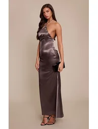 Charcoal Satin Halterneck Tie Neck Maxi Dress - 2