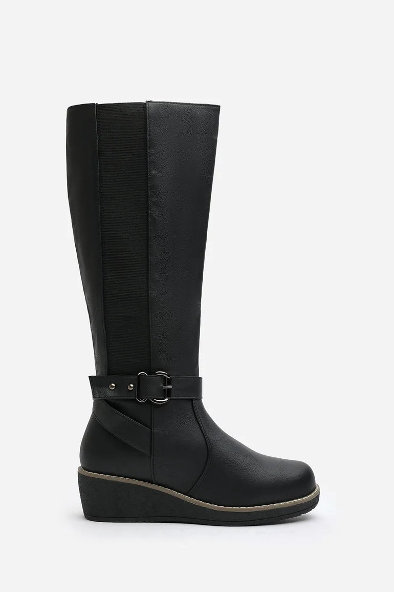 Jaxelle Black Knee High Wedge Heel Boots with Buckle Strap - 1