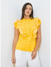 Yellow Embroidered Ruffle Sleeveless Top - 1