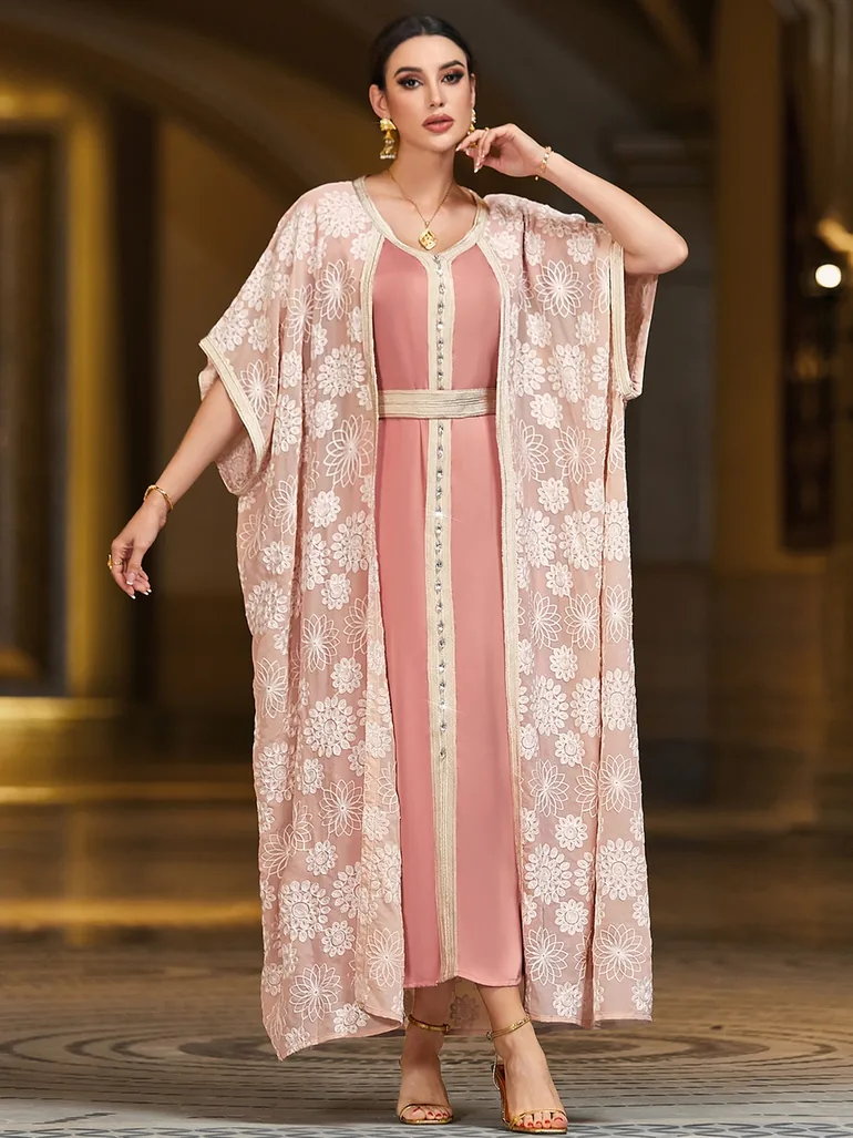 Women Rhinestone Embellished Flower Patch Belted Jalabiya - 1