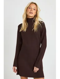 High Neck Super Soft Knitted Mini Dress - chocolate - 1